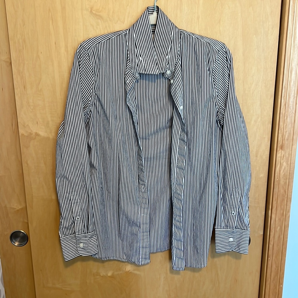 J Crew Size 8 Tall Gray & White Striped Long Sleeve Button Down Top
